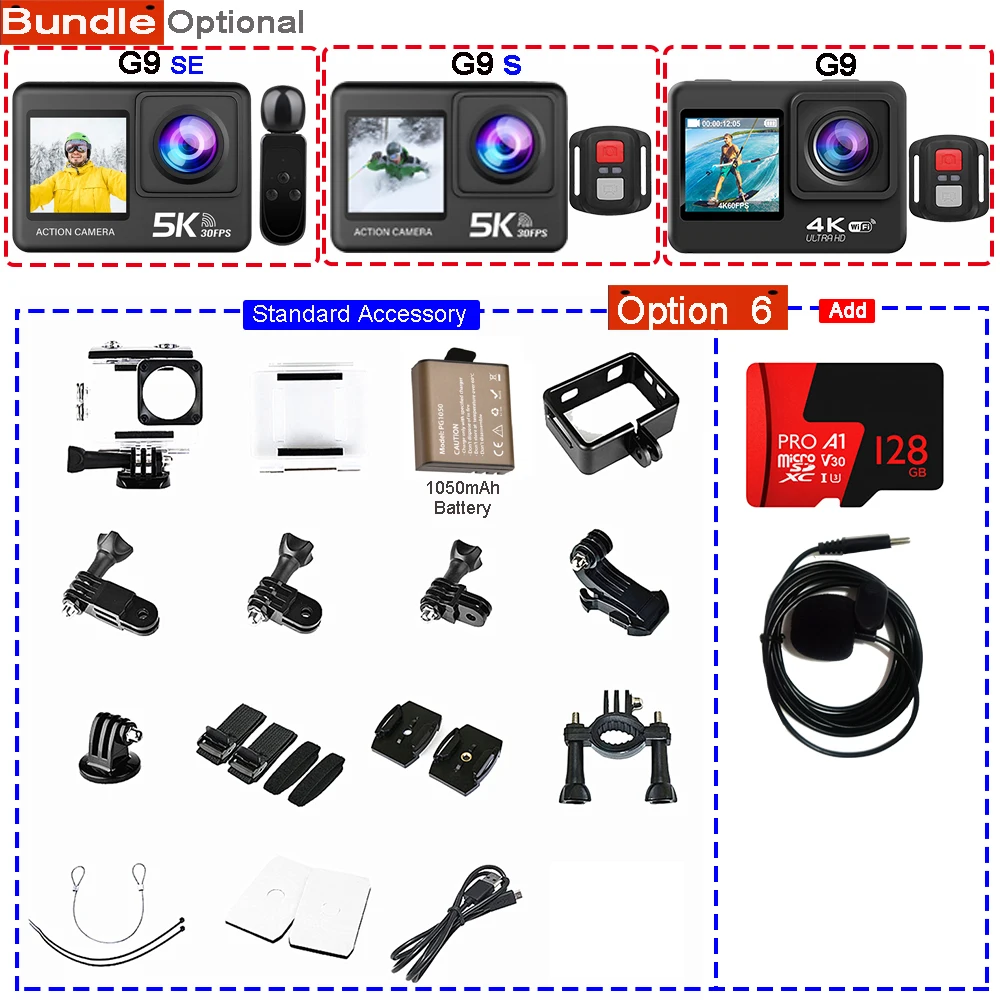 Action Camera 5K 4K60FPS 50MP 2.0 Touch EIS Pre-Record Wireless Mic Wi-Fi 170D DVR Webcam Waterproof 30M 5X Zoom Sports Camera