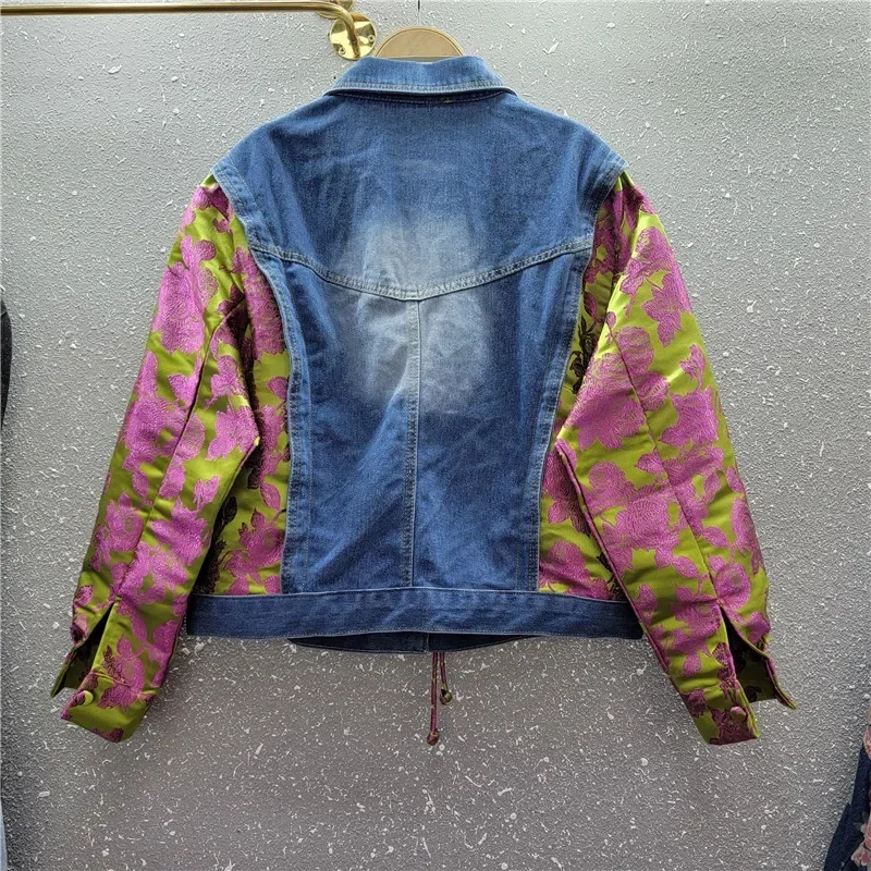 

Streetwear Splicing Denim Jacket Women Loose Short Cowboy Outerwear Spring Autumn Korean Long Sleeve Jeans Jacket Coat Female