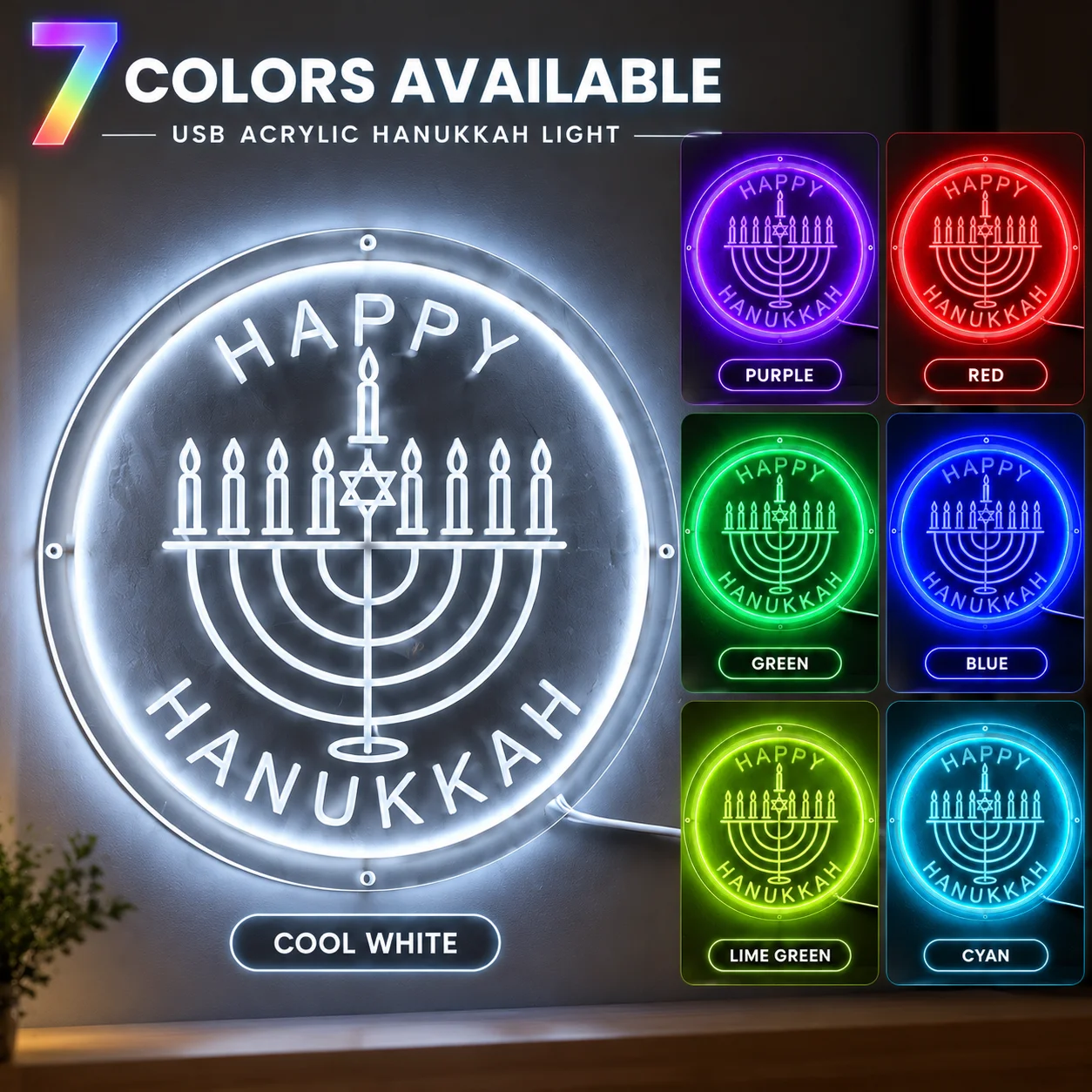 Custom Happy Hanukkah LED Neon Sign Jewish Holiday Acrylic Light Decor USB Powered Menorah Lamp for Home Wall Decoration Gift