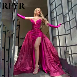 RFYR Vestido de fiesta fucsia de sirena plisado Vestido de noche de tul brillante con abertura lateral sexy Vestido de noche de novia personalizado