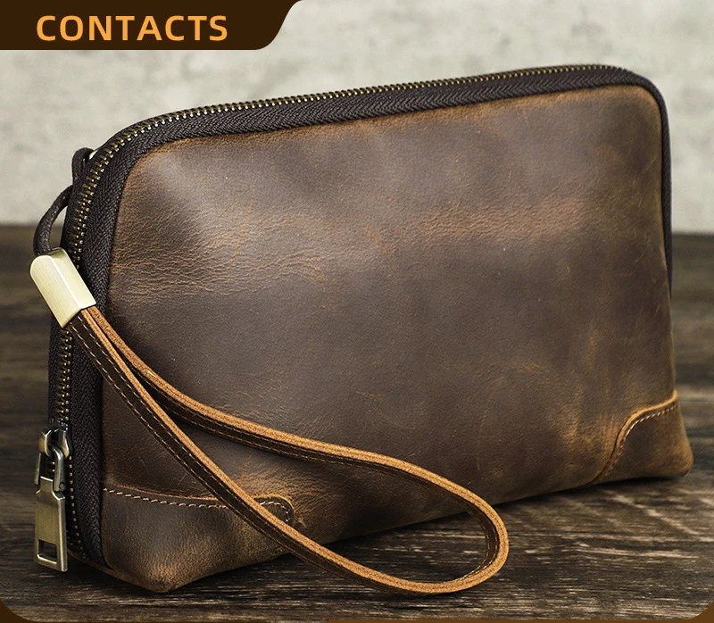 

Retro Crazy Horse cowhide cable Bluetooth earphone storage bag Wrist strap Leather wallet for men