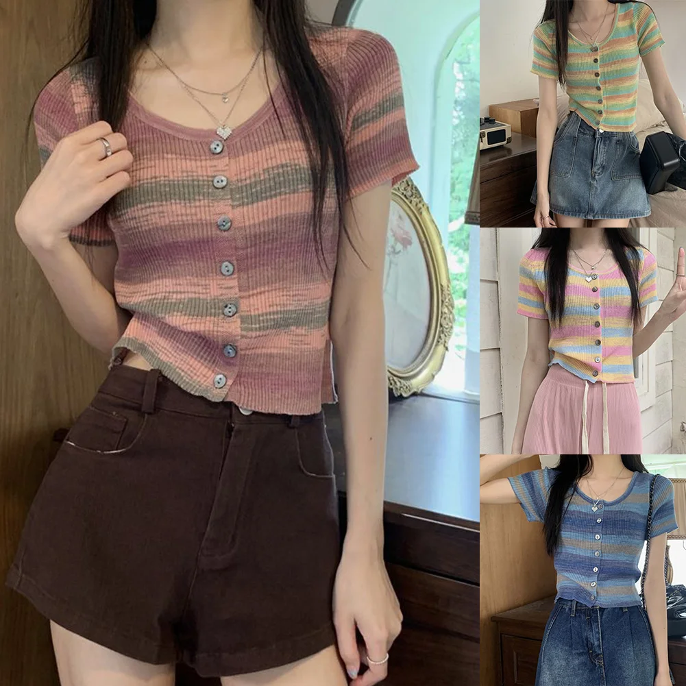 เสื้อยืดแฟชั่นลายทางสีฟ้าหลากสีสันทุกฤดูกาลขนาดเฉลี่ย ผ้าไมโครยืดหยุ่นสไตล์ใหม่ที่สะดวกสบาย