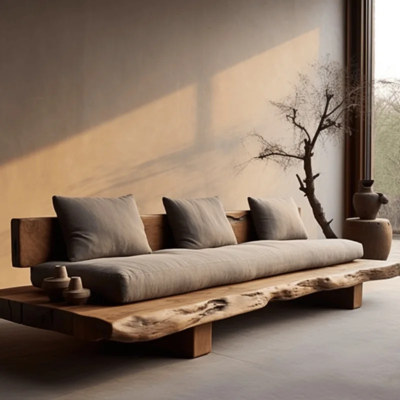 SC Log Natural Edge Straight Row Sofa Arhat Bed Japanese-Style Wabi Sanfeng Homestay Hotel Furniture Living Room Solid Wood Sofa