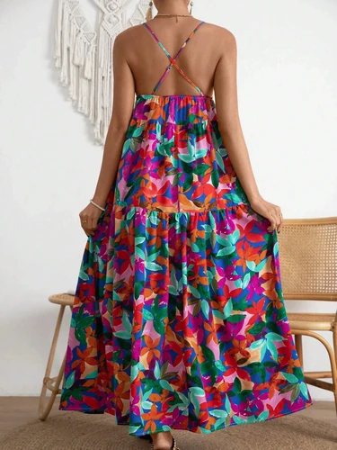 Imagen 2 del producto Vestido con tirantes divididos y cuello en V con estampado de hojas coloridas, verano estilo bohemio, tela liviana y ajuste cómodo, perfecto para días a la playa