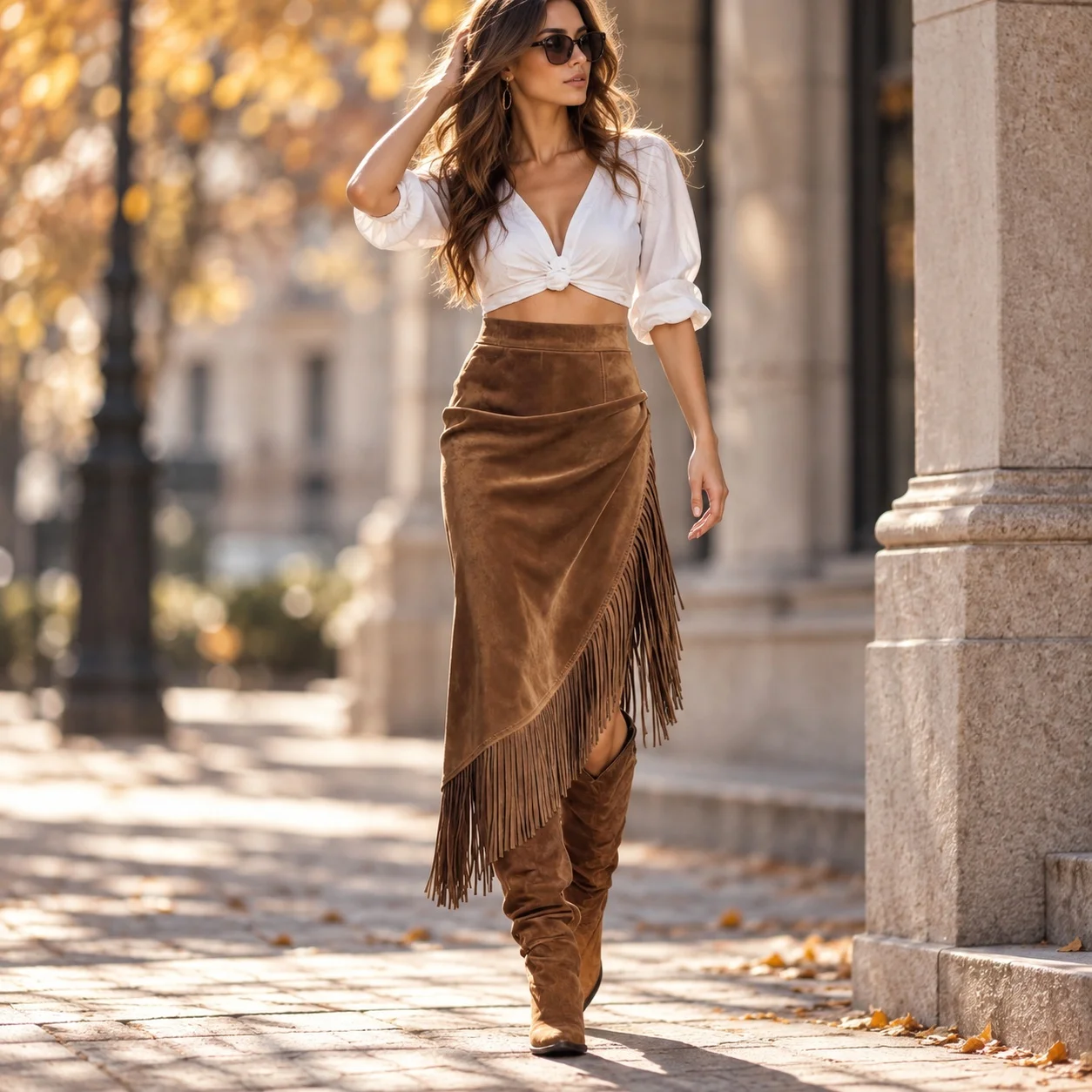 Fringe Hem Asymmetrical Hem Skirt Midi Length Streetwear with Asymmetrical Cut Autumn Edgy Street Medium Stretch Women Skirt
