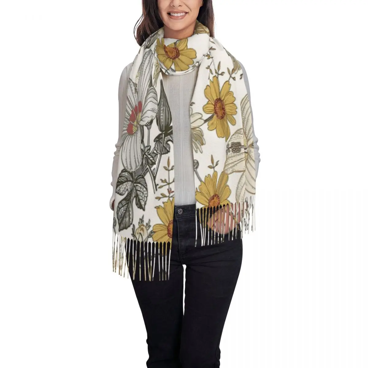 Bufandas con borlas y estampado floral de margaritas y peonías multicolores color Beige floreciente para mujer, chales y chales, chal largo
