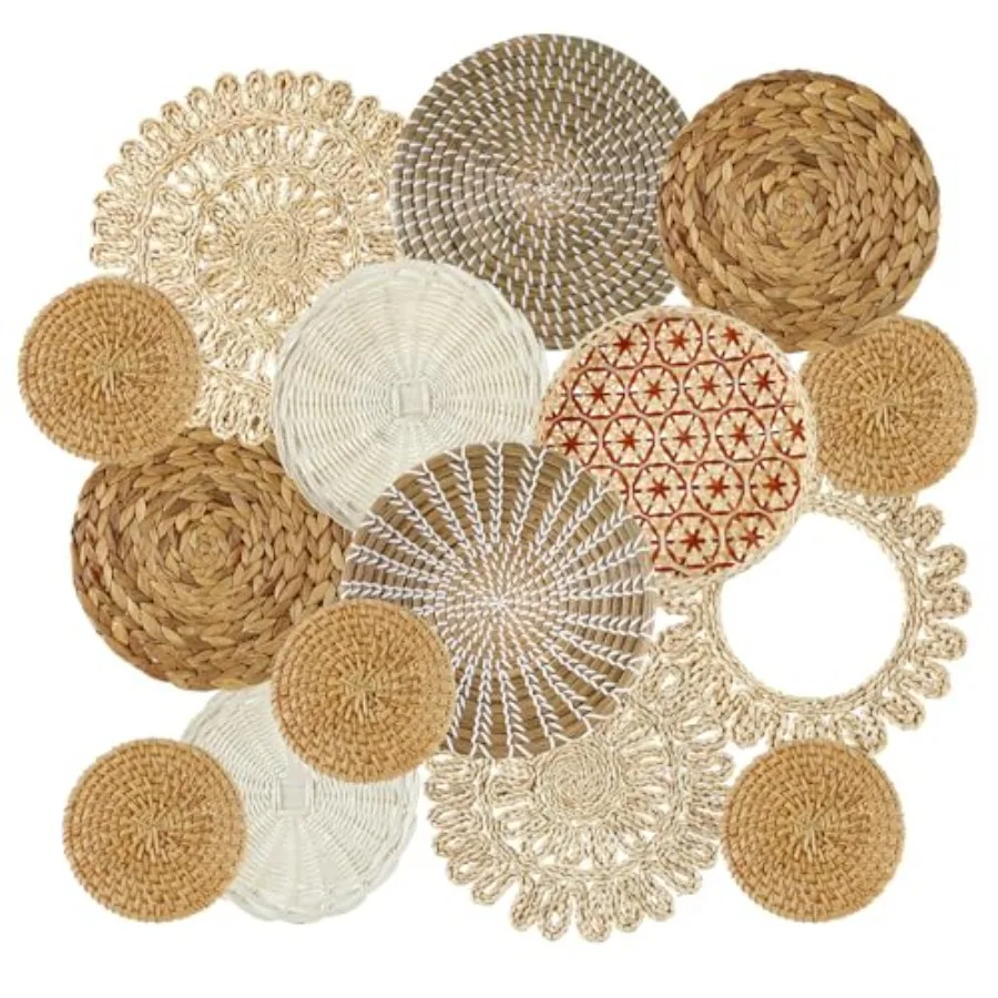 

15 Pcs Boho Wall Basket Decor Handcrafted Seagrass Woven Wall Basket Rustic Round Woven Hanging Art for Home Farmhouse Kitchen