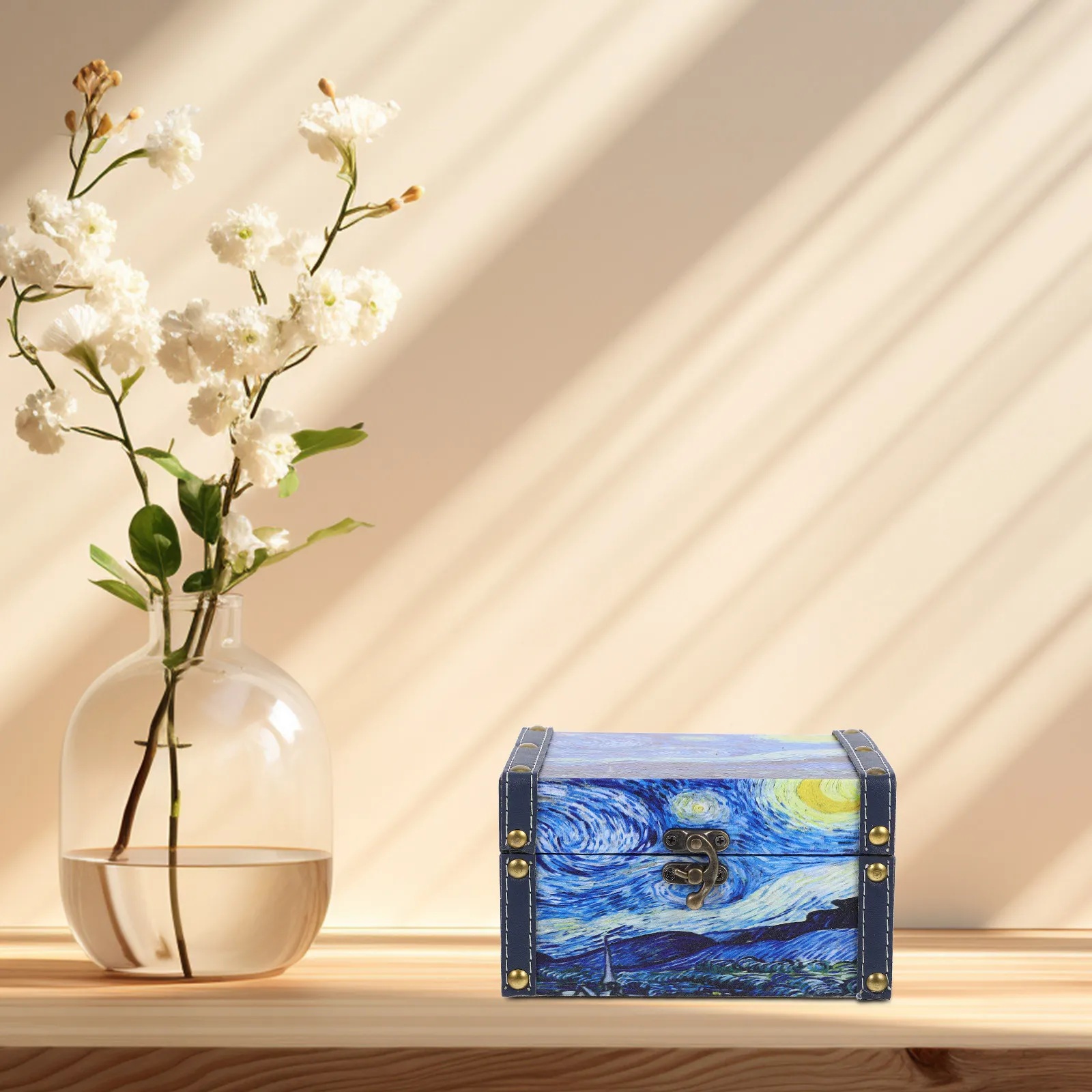 Oil Painting Pattern Wooden Storage Box Jewelry Organizer Decorative Retro Keepsake Treasure Chest Large Jewelry Display Case