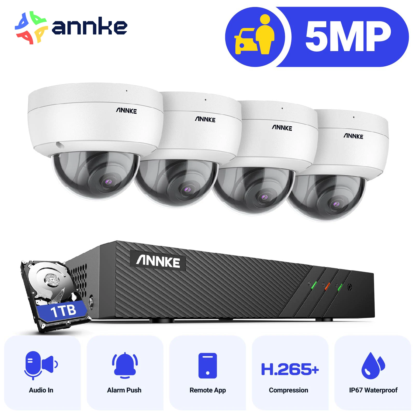 ANNKE 5MP FHD POE Network Video Security System H.265+ 6MP NVR With 5MP Weatherproof Surveillance POE Cameras Audio in Ip Camera