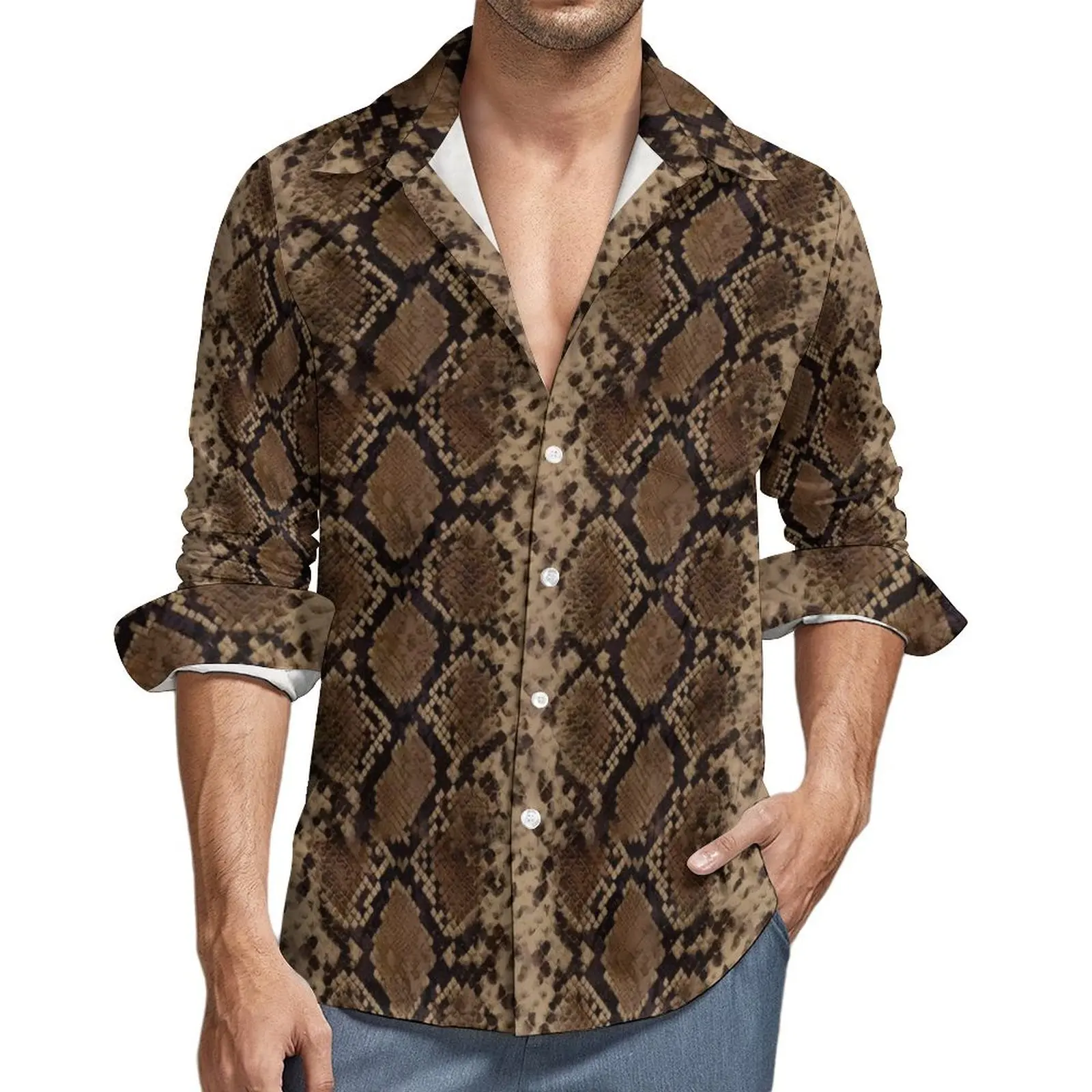 

Brown Snakeskin Casual Shirts Animal Print Retro Shirt Spring Breathable Oversize Blouse Male Long Sleeve Graphic Clothing Gift