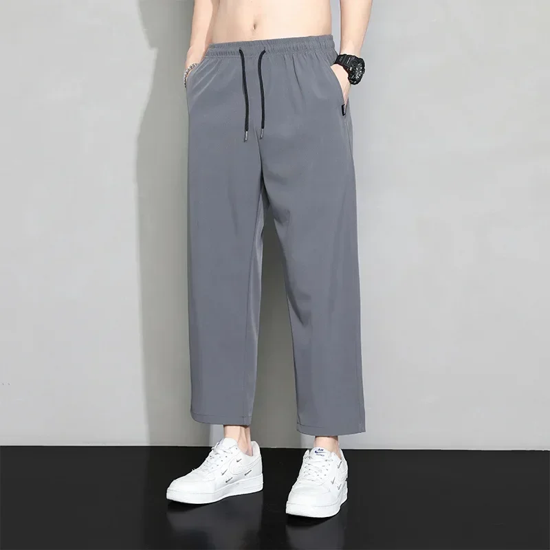 

Men Pants Summer Ice Silk Thin Trousers Elastic Drawstring Leggings Overalls Pants Men Sports Quick-drying Casual Daily Trousers
