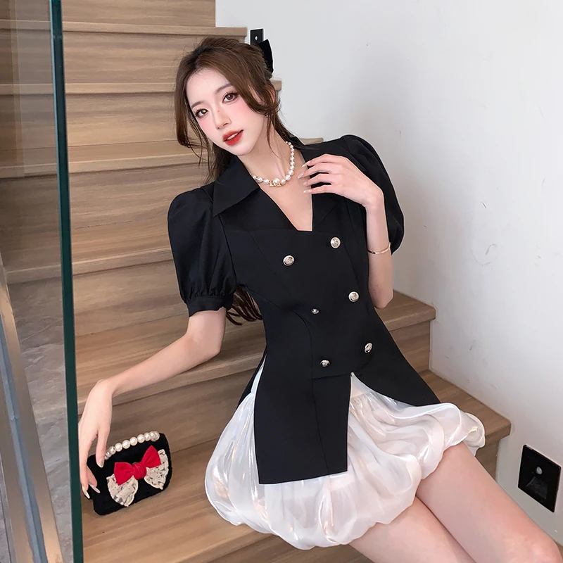 Conjunto elegante de manga curta com casaco crop top e minissaia feminino, moda coreana, senhora do escritório, casual, verão, festa, 2 peças