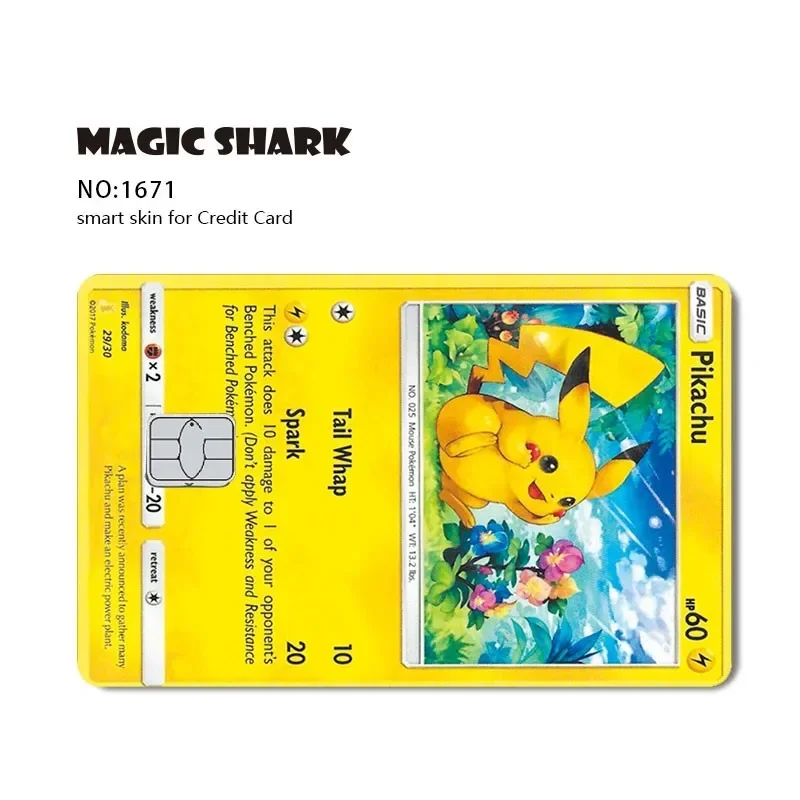 Magic Shark Pokemon Pikachu Charizard PVC No se decolora, película adhesiva, cubierta de piel para tarjeta de crédito, tarjeta de débito bancaria, lado frontal