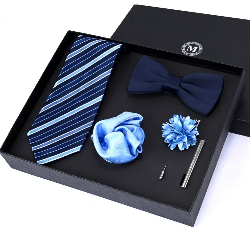 2024 Conjunto de caja de regalo de bufanda cuadrada pequeña con broche de corbata de la serie azul para hombres, adecuado para negocios, lugar de trabajo, regalos para banquetes