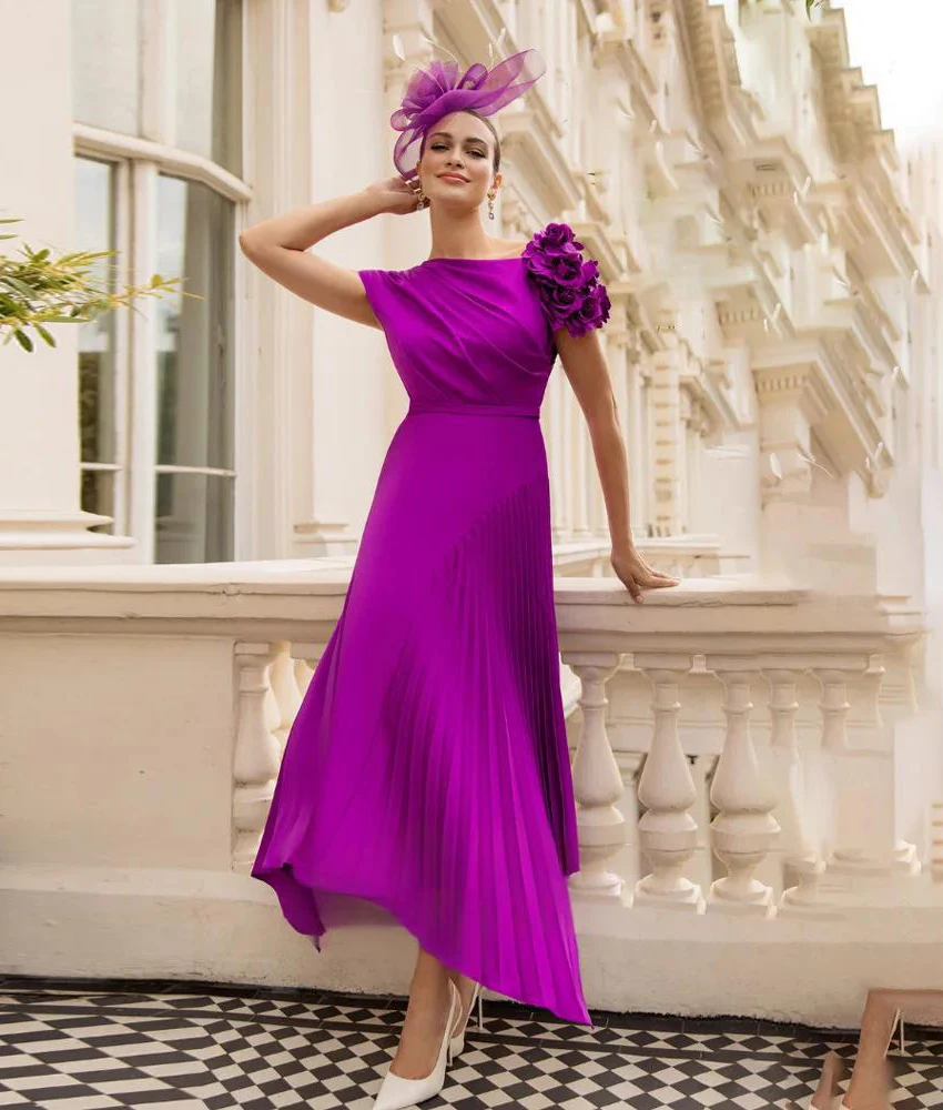 

Customized Exquisite 3D Flowers A-Line Jersey Evening Dress High Quality Crew neck Ankle Length Short Sleeves Celebrity Gowns