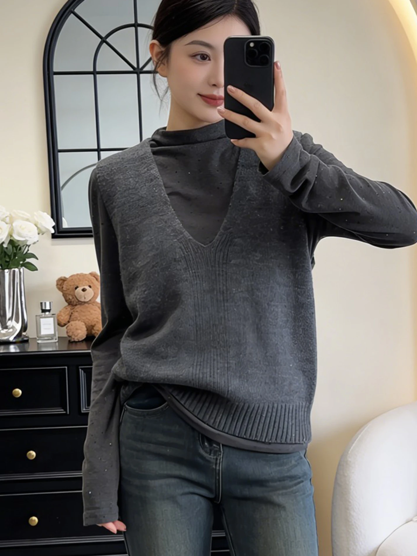 

Anti-Aging Casual Sle Women's Faion Set V-Ne High-Ne Long Sve Top Bot Ensemble for Spring Slimming Effect