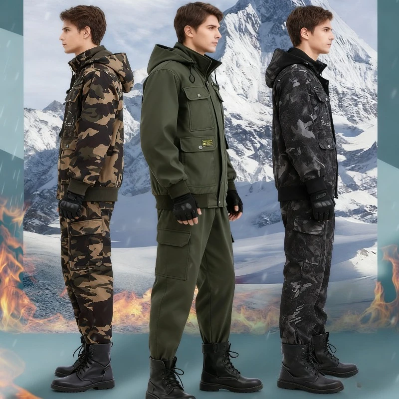

Men's 2-piece Set Outdoor Welder Jacket Trousers Winter Work Clothes Plus Velvet Thick Cotton Protective Clothing Camouflage