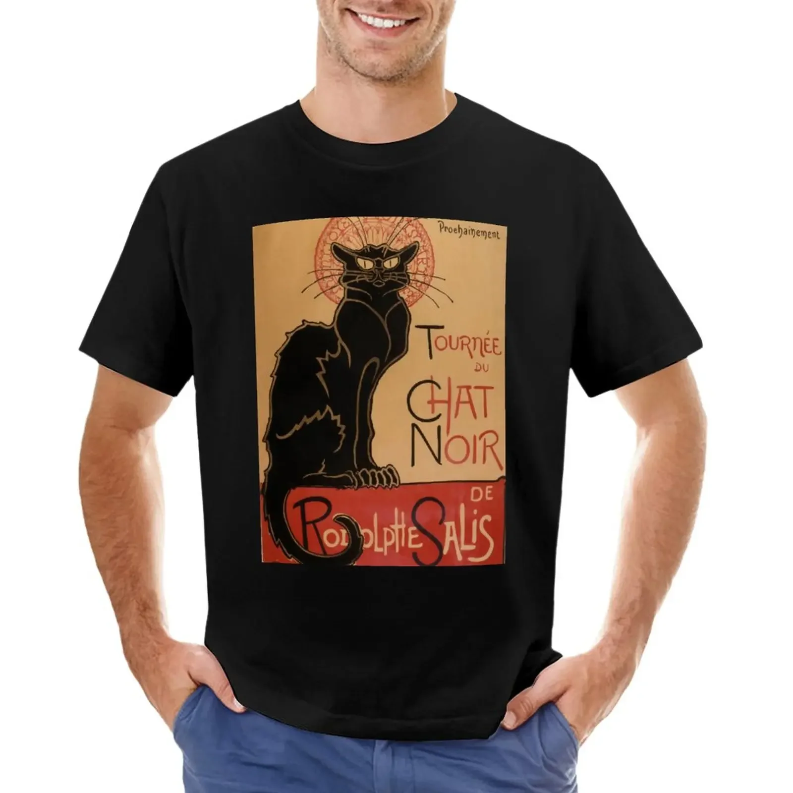 Camiseta de gato negro para hombre, Blusa de manga corta de algodón, Estilo Vintage Art Nouveau, a la moda, novedad de verano