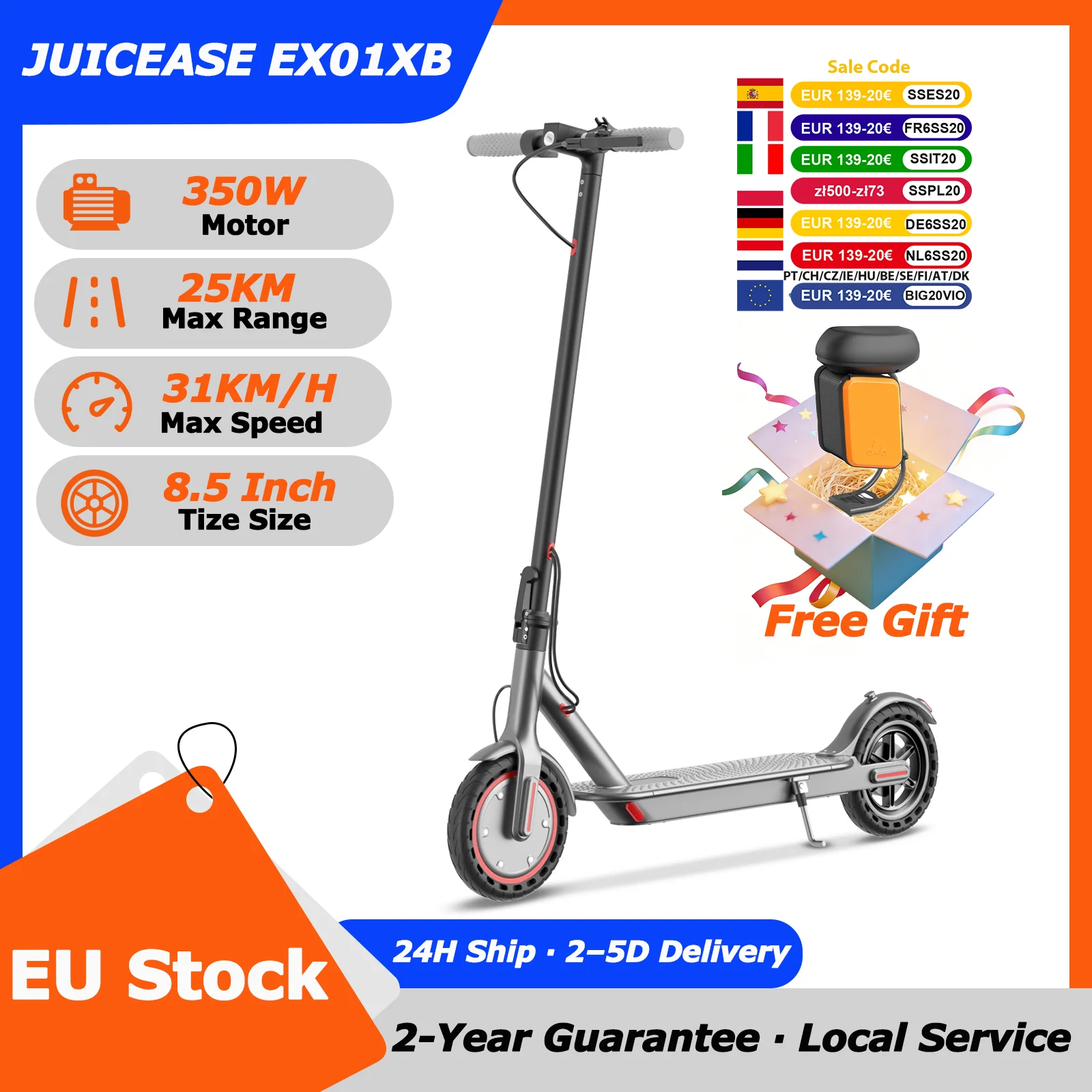 Trottinette électrique 2026 JUICEASE EX01XB, moteur 350W, batterie 36V 7.8Ah, autonomie 25 KM, pneus 8.5 pouces, avec application, pliable, pour adulte