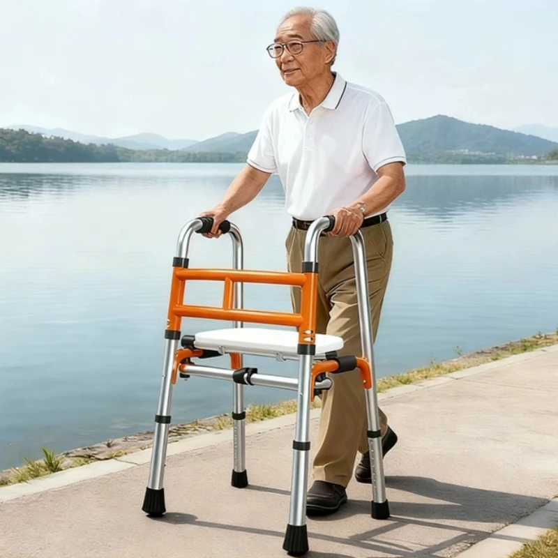 

Foldable Walker with Seat Elderly Walking Aid Four Legged Base Walker Cane Adjustable Senior Support Lightweight Mobility Walker