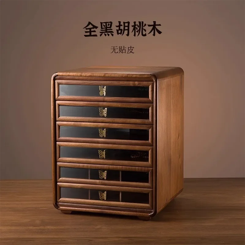Black walnut solid wood storage cabinet, drawer type household cup tea set, locker, multi-layer dust storage cabinet