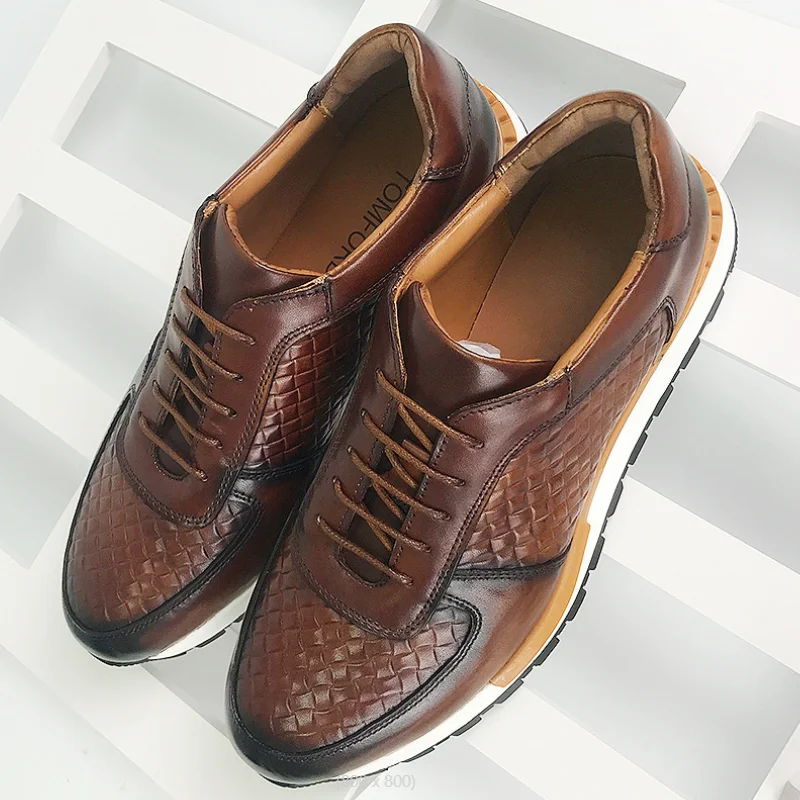 

New Spring Autumn 5 Colors Genuine Leather Man Luxury Sneakers Plaid Weave Pattern Lace-up Men Casual White Oxford Shoes b15