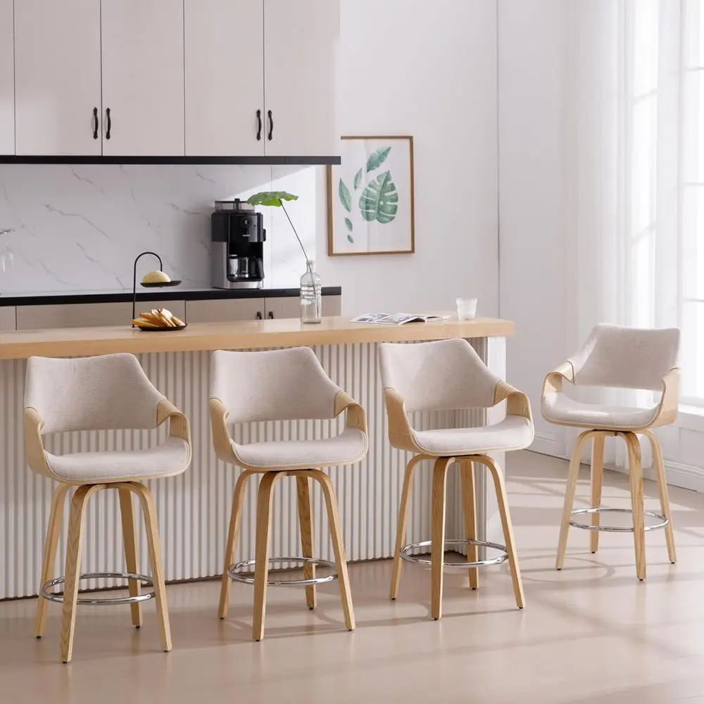 

Комплект из 4 вращающихся барных стульев с обивкой из шенилла, деревянные стулья с спинками для кухонного острова или столовой, бежевые