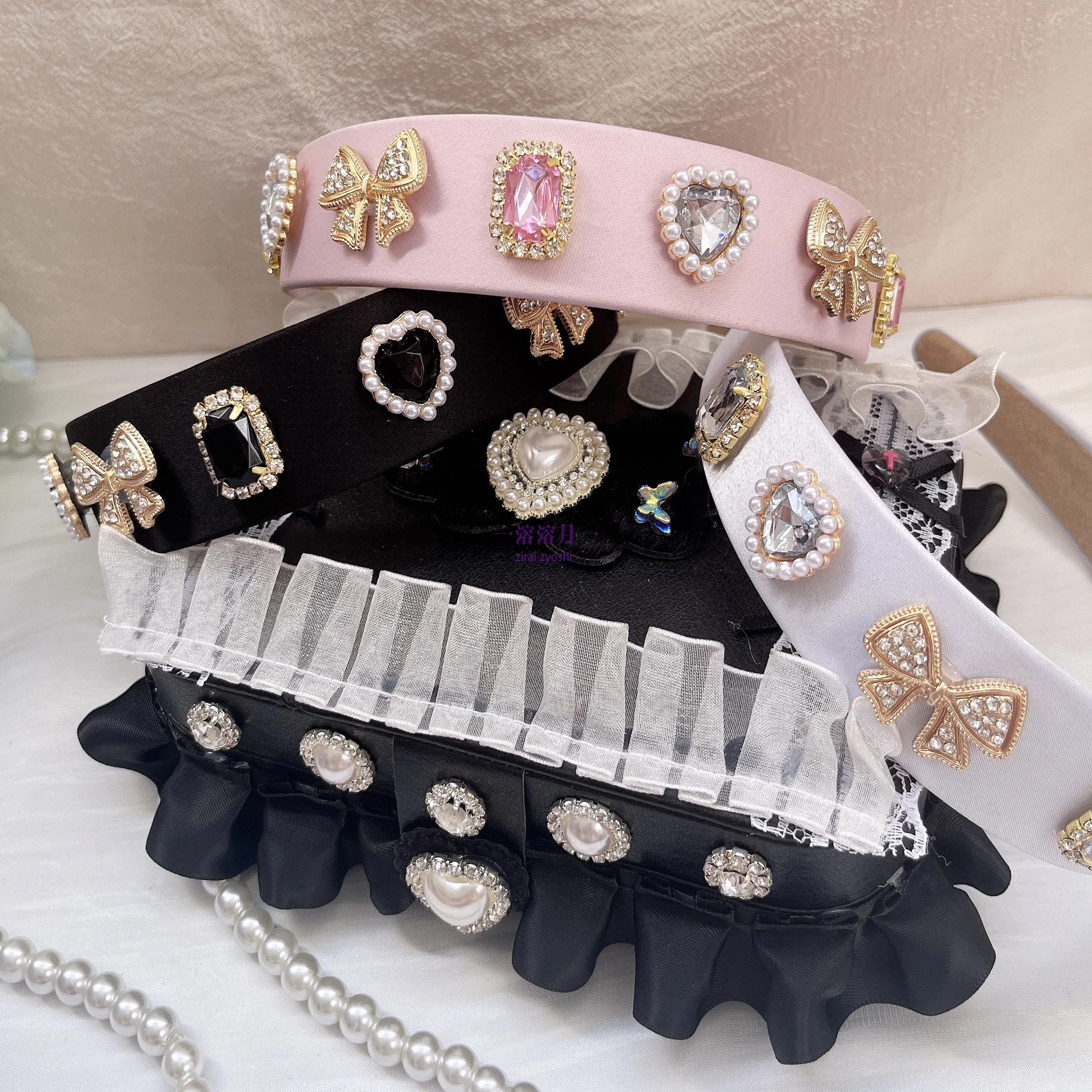 Bandeau rectangulaire en forme de cœur pour fille, fait à la main, Style japonais, mignon, pour femmes, douce Lolita, nœud en strass, pince à cheveux, accessoire