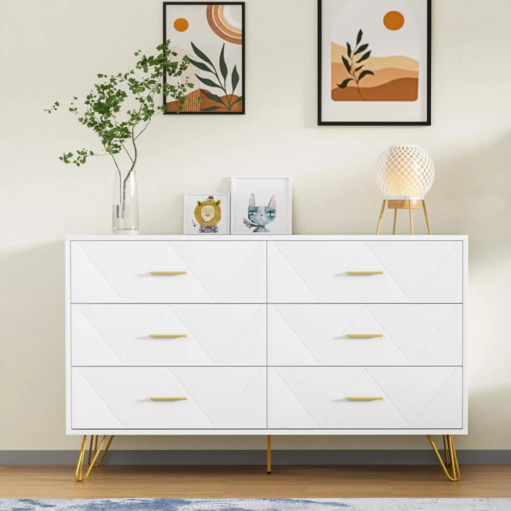 

Modern White Dresser 6 Drawer Double Dresser with Wide Drawers And Metal Handles Wood Dressers for Bedroom