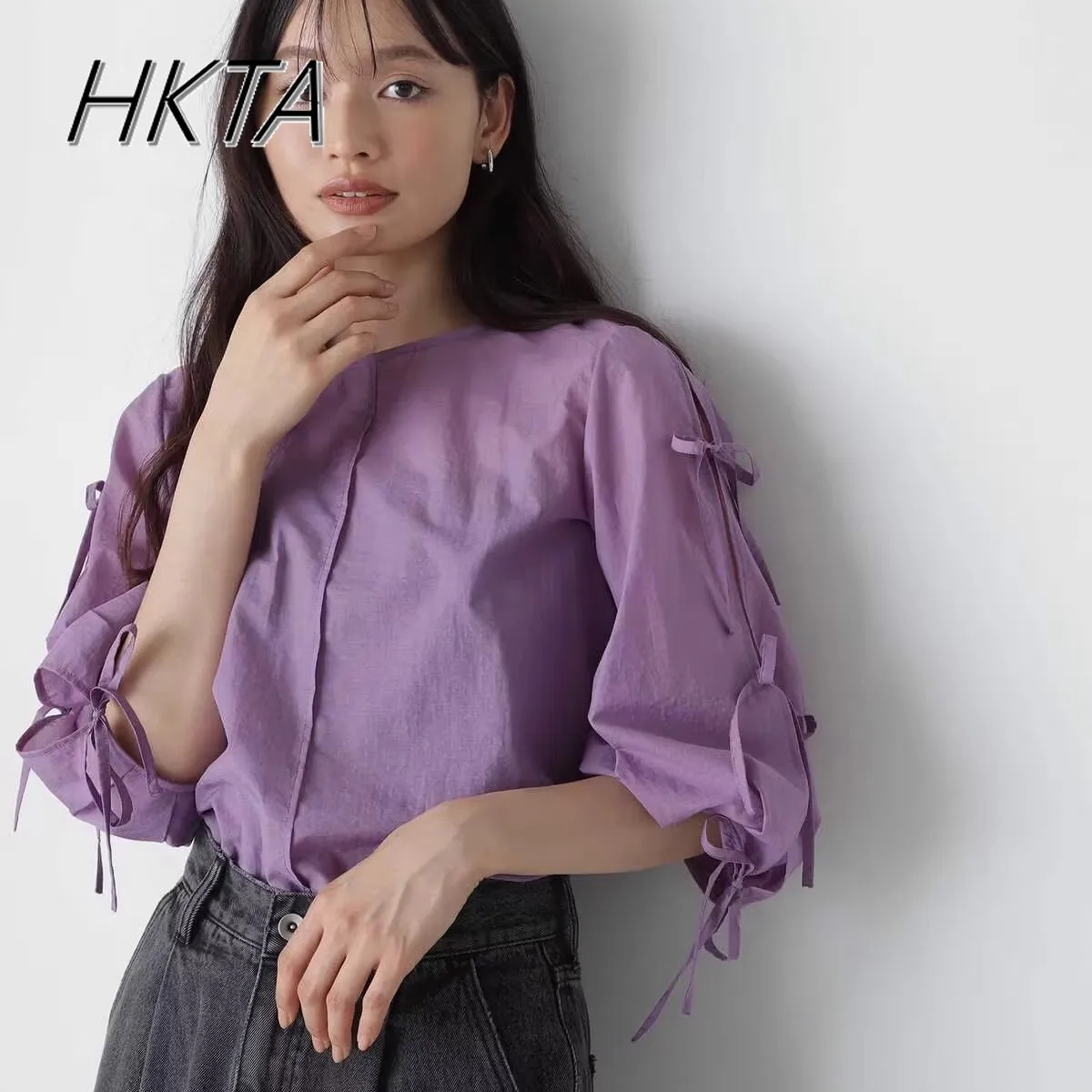 

Niche Japanese 7-point Sleeve Shirt Hollow Lace-up Bow Nylon Cotton Pullover Top 2025 Summer Autumn New Blouse Blusas Femininas