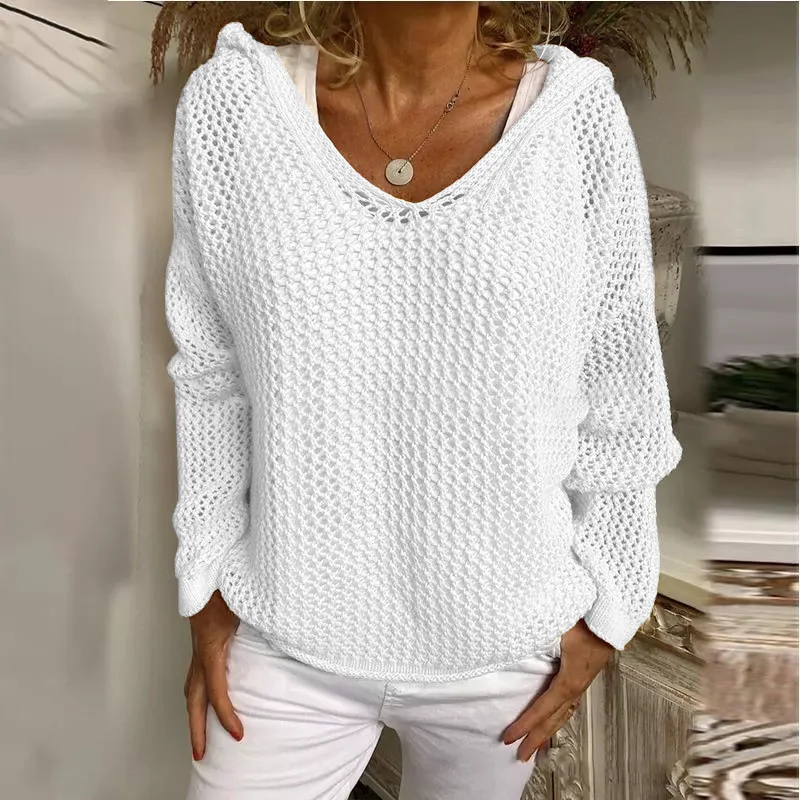 New Loose Hollow Out Knitted Hoodie Sweater Spring/Summer Casual Women Fashion Cover Up Solid Color Thin Top Street Clothing