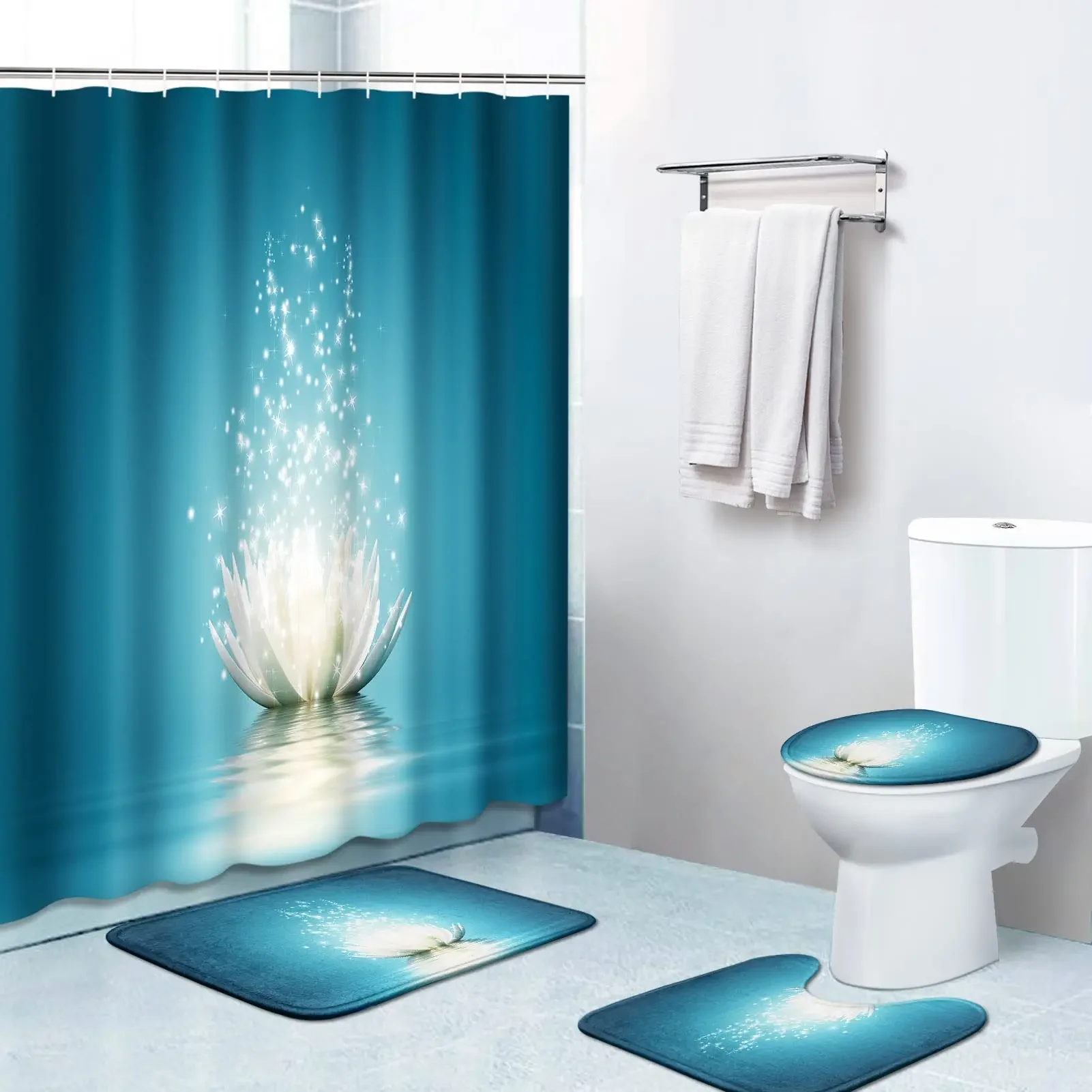 

Magic Lotus Flower Turquoise Zen Shower Curtain Sets, 4pcs with Non-Slip Rugs,Toilet Lid Cover,Bath Mat,Waterproof Bathroom Sets
