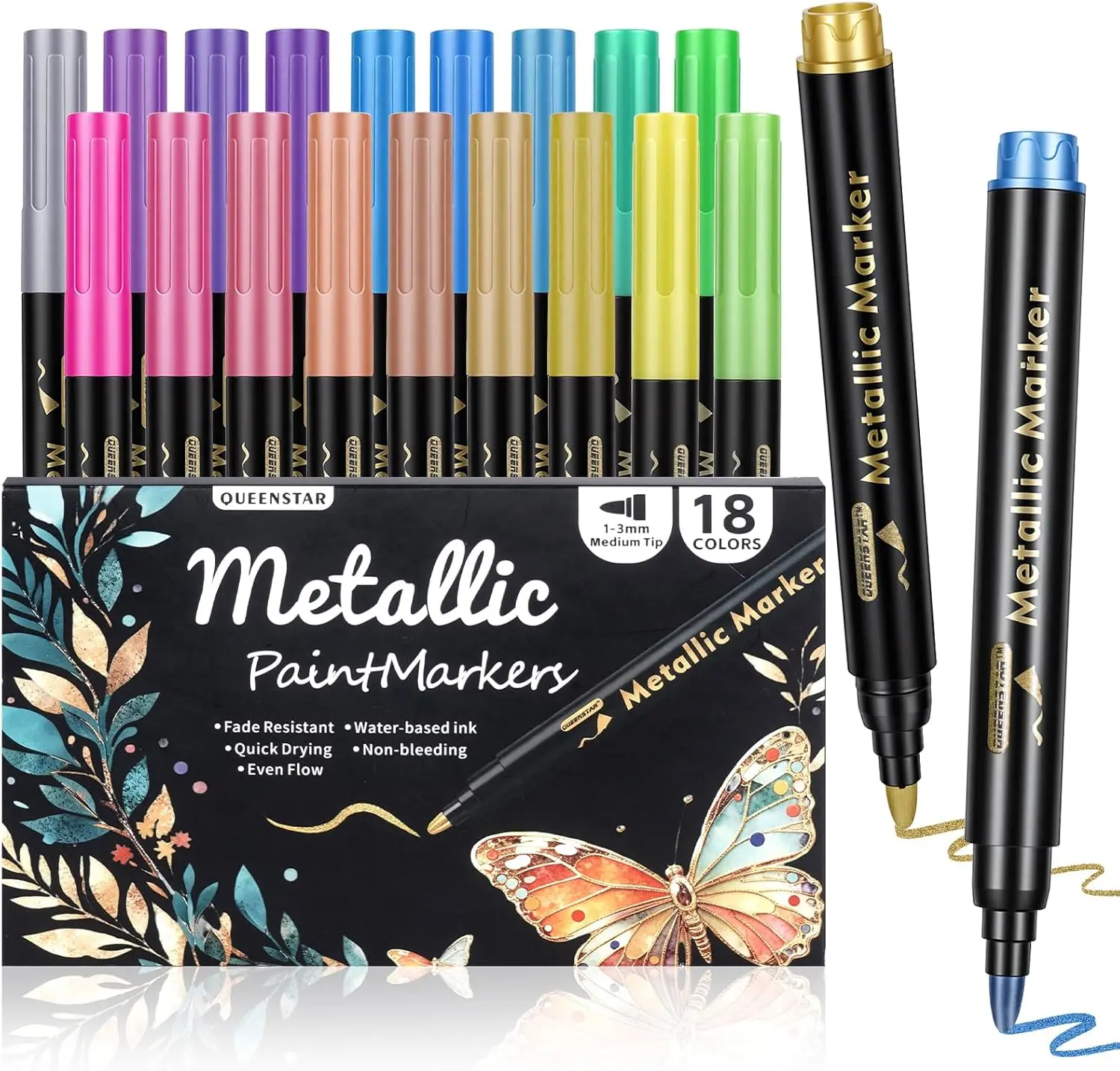 

18 Metallic Marker Pens Set - Glitter & Acrylic for Rock, Glass, Wood, Fabric, DIY Crafts, Birthday Gift