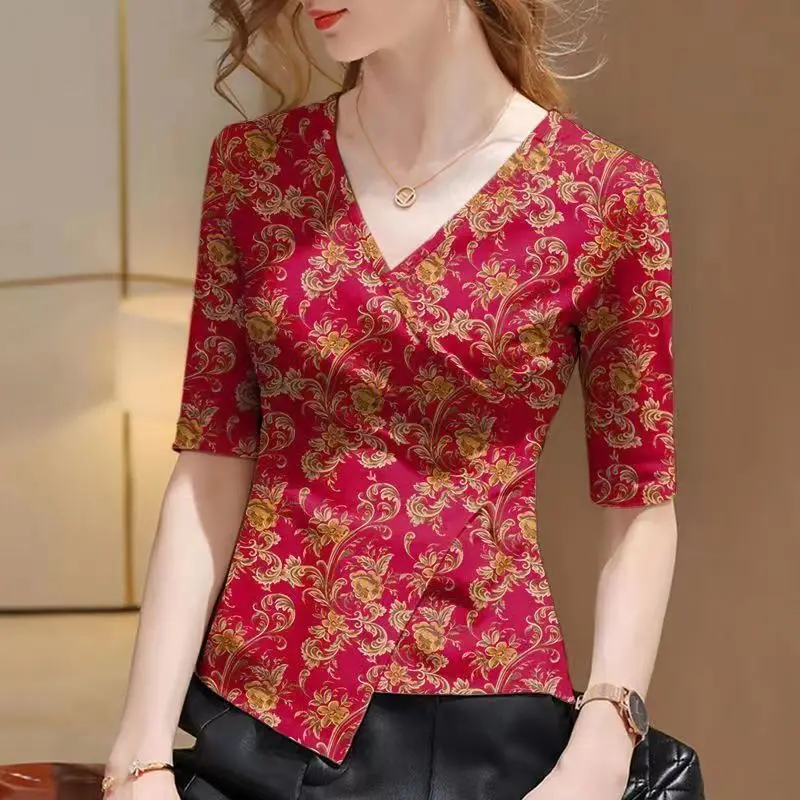 4XL Women Spring Summer Blouses Shirts Lady Fashion Casual Short Sleeve V-Neck Collar Stripe Flower Printing Blusas Tops G2304