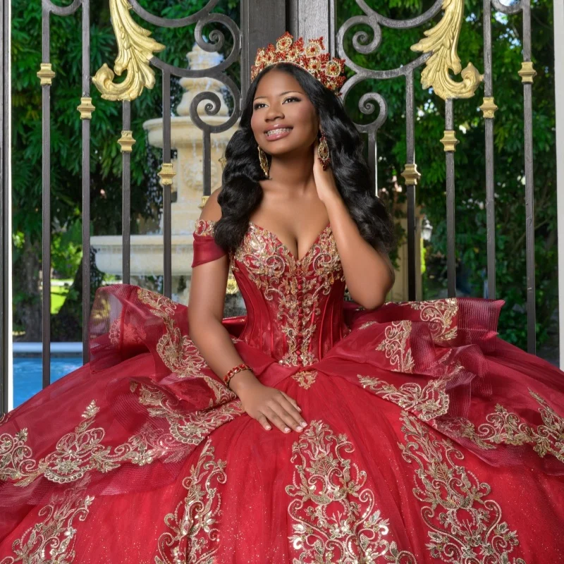 

Red Quinceanera Dresses Off the Shoulder Glitter Decal Lace Layering Long tail Bow Vestido De 15 Quinceanera Customize