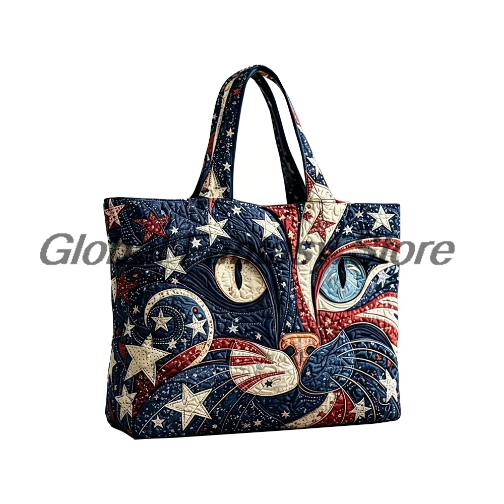 

Patriotic USA Cat Quilted Tote America 250th Anniversary Travel Tote Casual HandBag Men Women Daily Shopping Bags