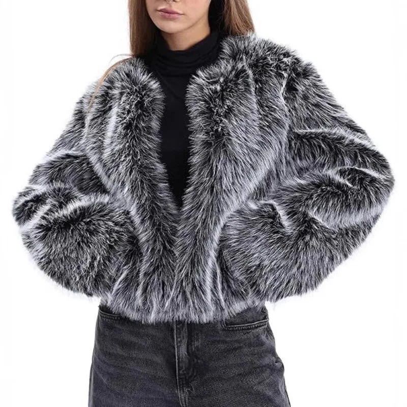 

New European and American Faux Fur Fashion Coat for Women Long-sleeved Front-opening Winter Short Coat with Pockets Comfort Warm