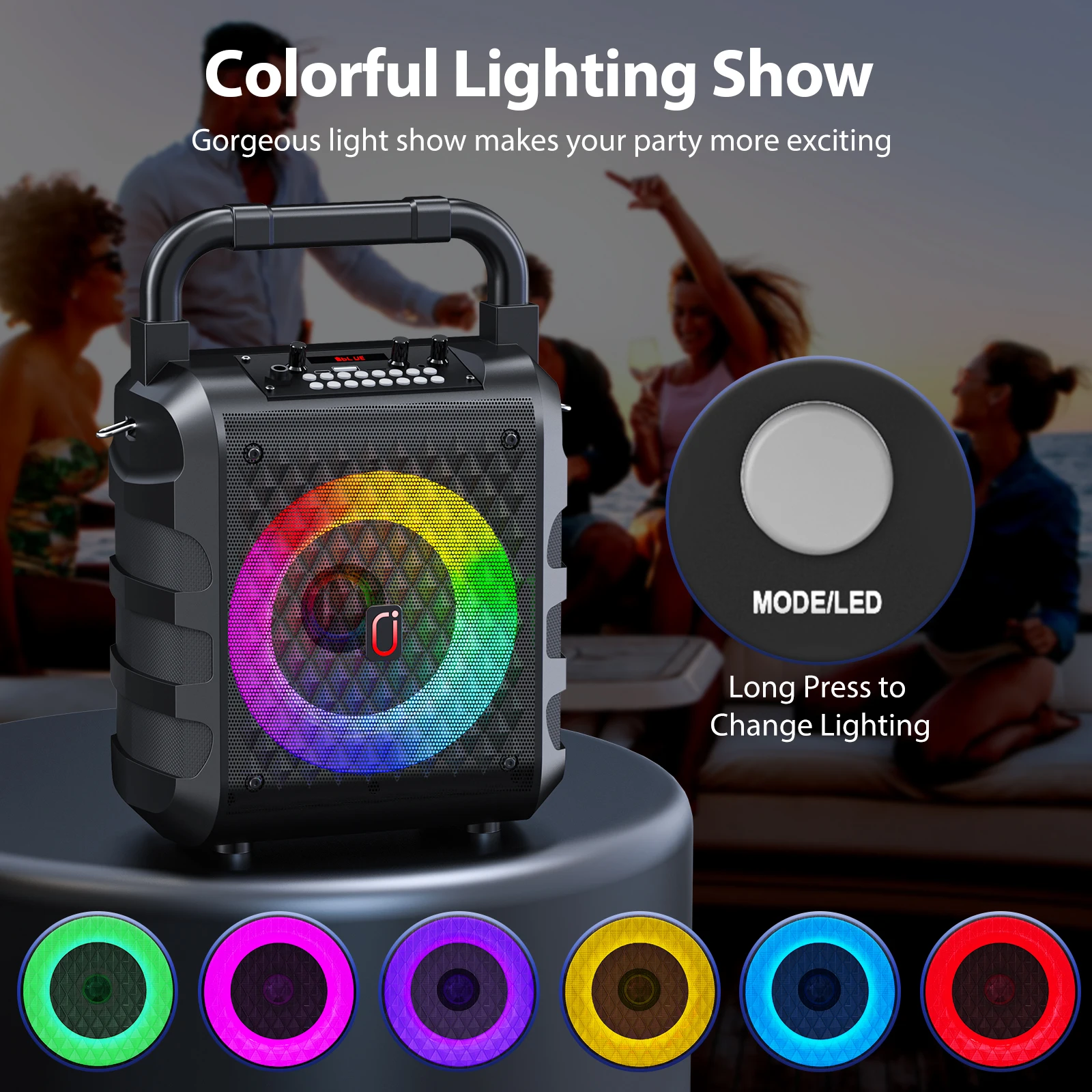 Bluetooth-karaokemachine, karaokesysteem voor thuis met 2 draadloze microfoons, draagbare feestluidspreker met LED-licht