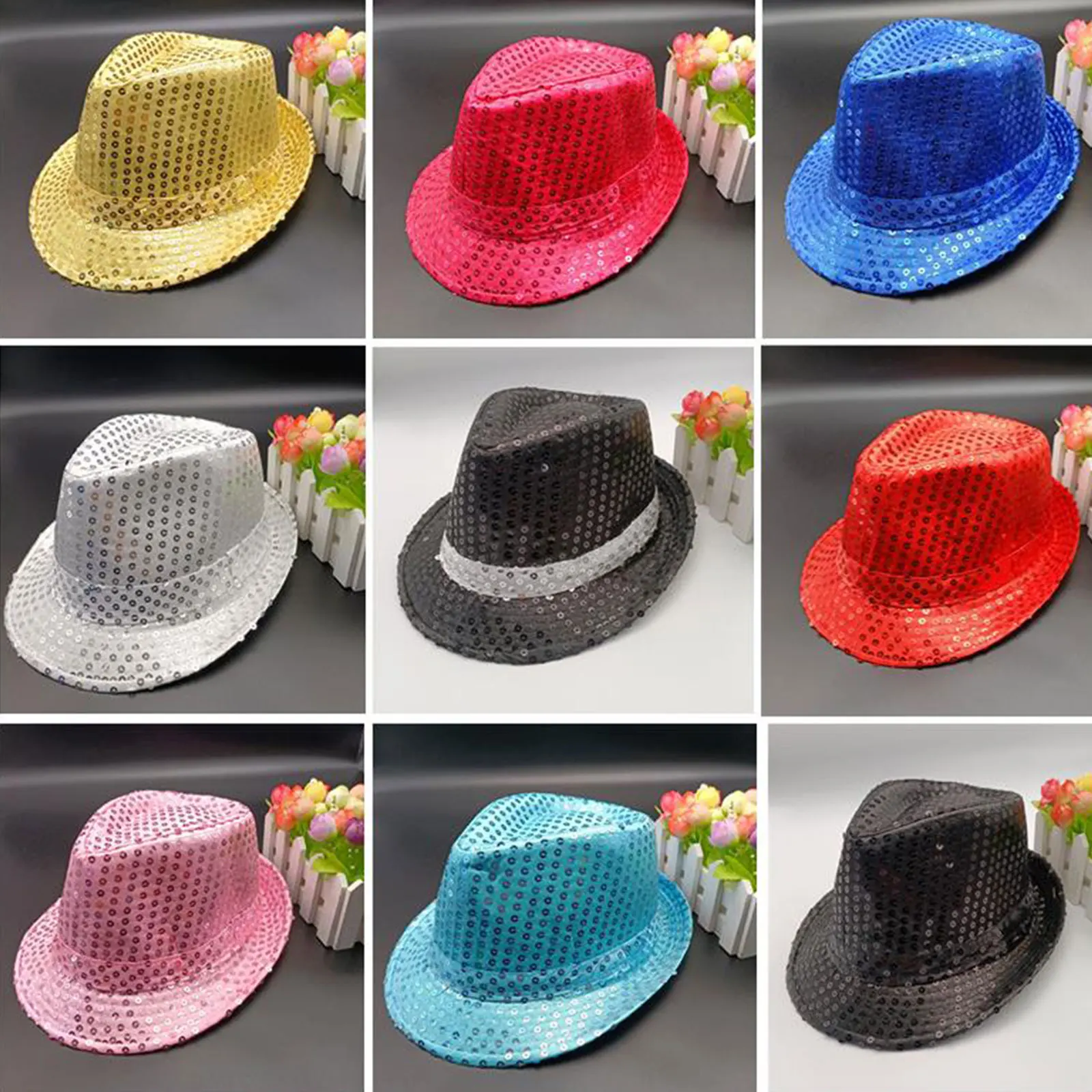 12 Colors Jazz Hat  Men Women Sequins Decorated Stage Dance Performance Party Holiday Hat