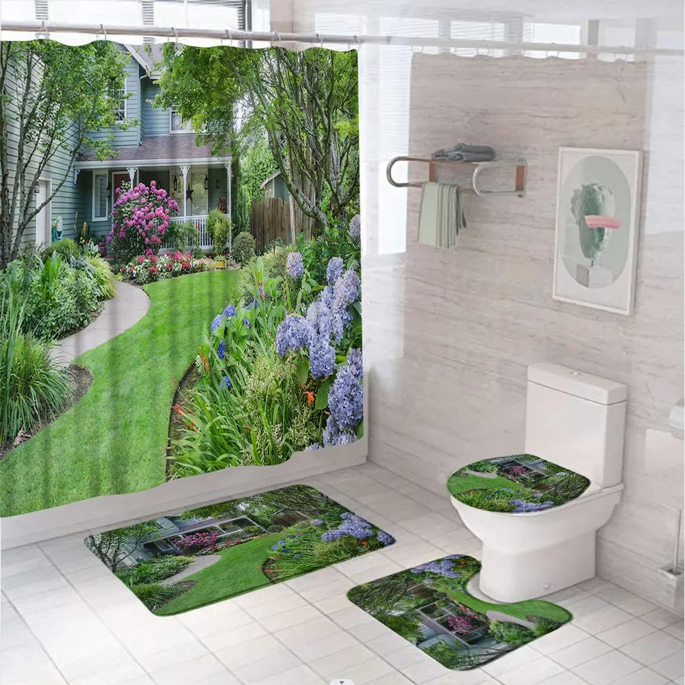 Green Garden Scenery Shower Curtain Sets Grass Stones Tree Landscape Floral Bathroom Rug Non-Slip Toilet Lid Cover Bath Mat Home