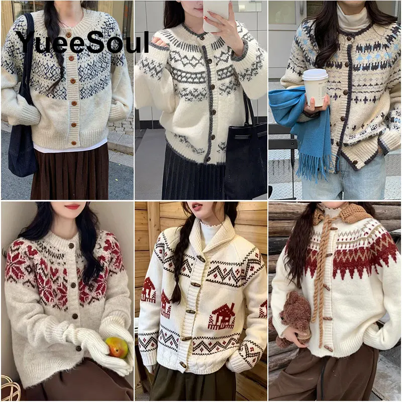 White Women Sweaters Printed Kintted Long Sleeve Loose Thick Cardigan 2026 Winter New Y2K Vintage High Street Female Clothing