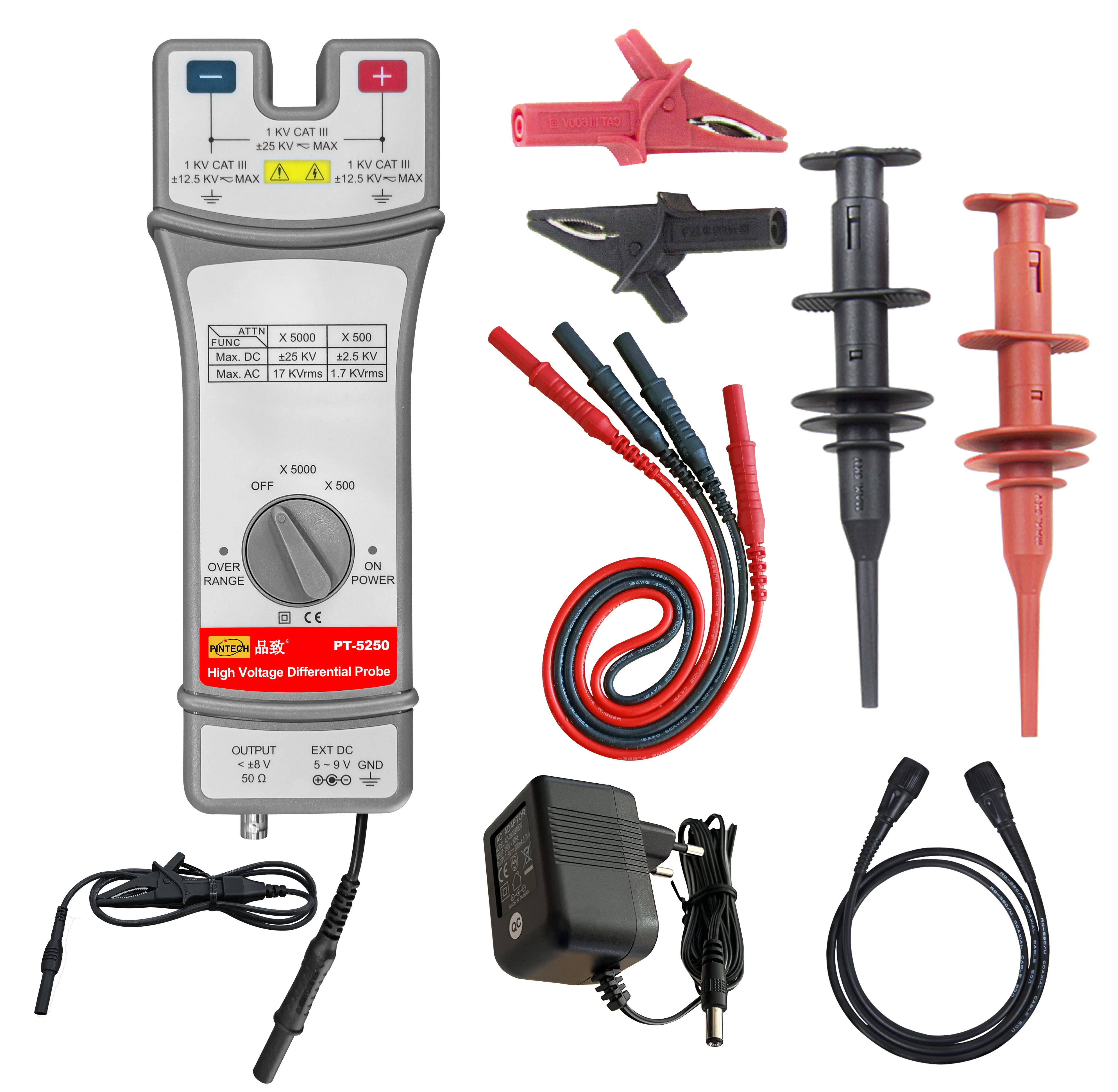 

PINTECH PT-5250 High Voltage Differential Probe for Oscilloscope 50kV, 60MHz, 500X/5000X Attenuation, with BNC Interface