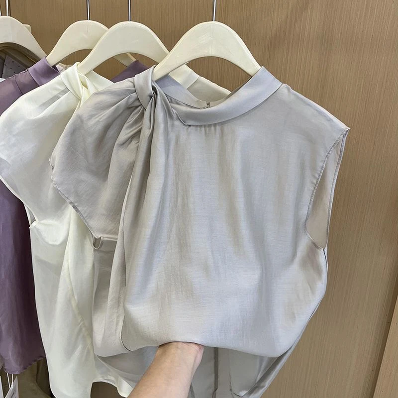 

Tie-Detail Acetate Svel irt Women Summer New Design Folded Silk-Like Flng Sve Top Loose Fit Casual irt
