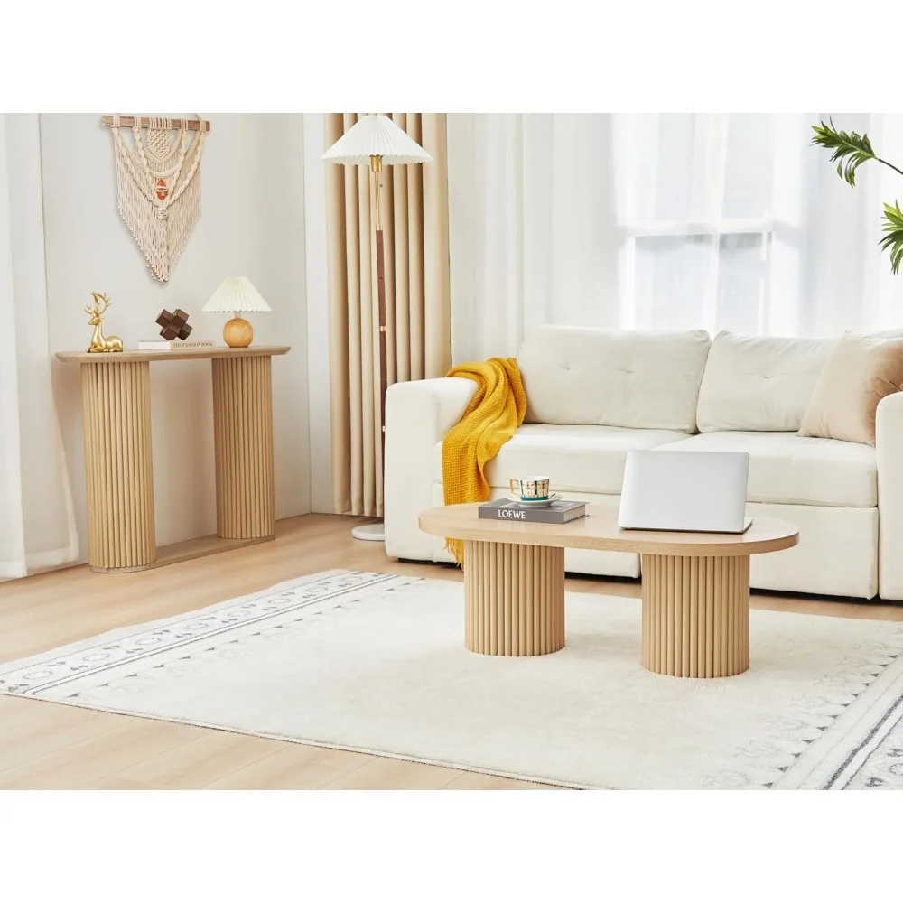 طاولة قهوة بيضاوية عصرية من Boho Chic لغرفة المعيشة، طاولة مركزية خشبية منحنية بأرجل مستديرة، مثالية لـ Bohemian Inte #5