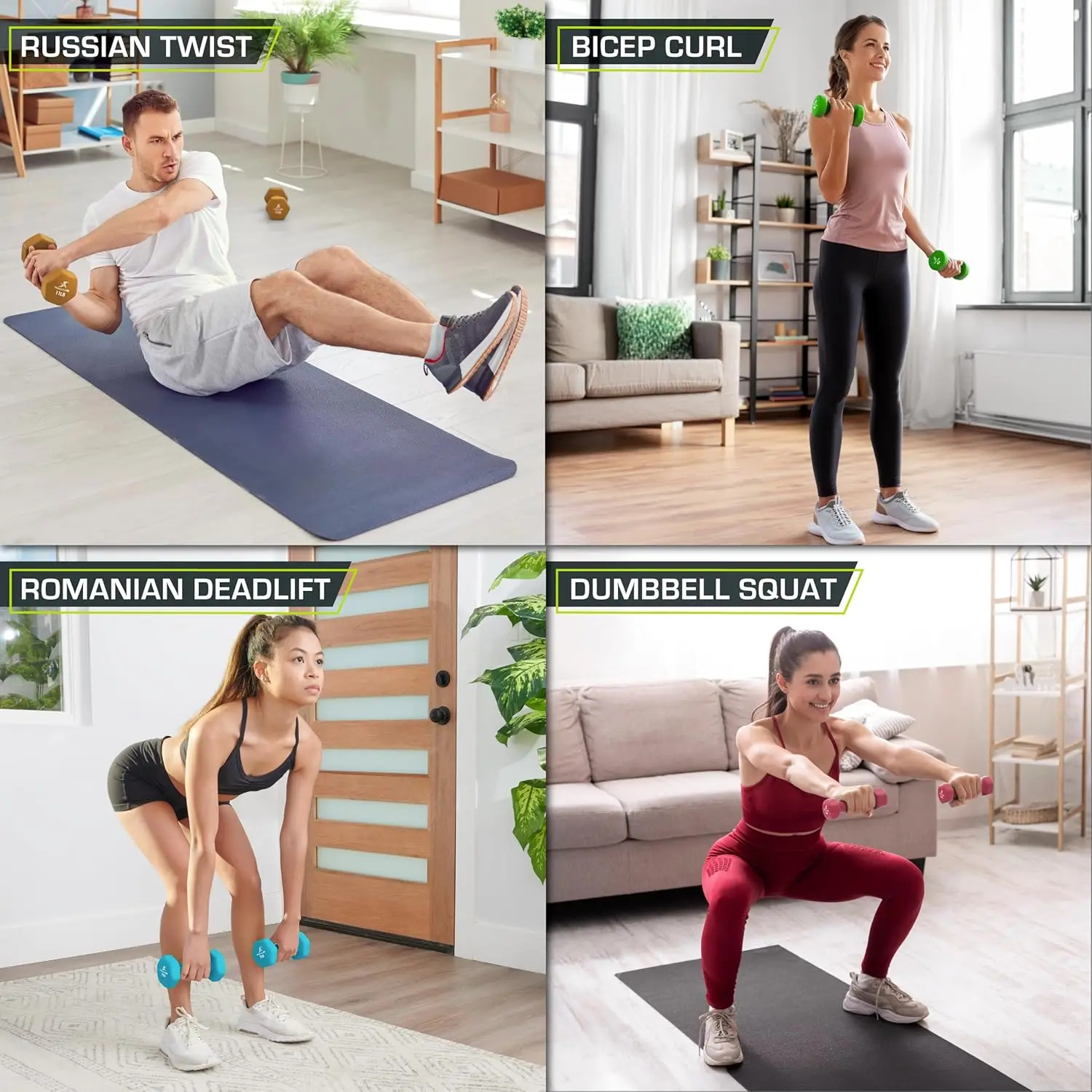 Sześciokątne hantle z neoprenu zapewniające antypoślizgowy chwyt, idealne do treningów w domu i wzmacniania mięśni.