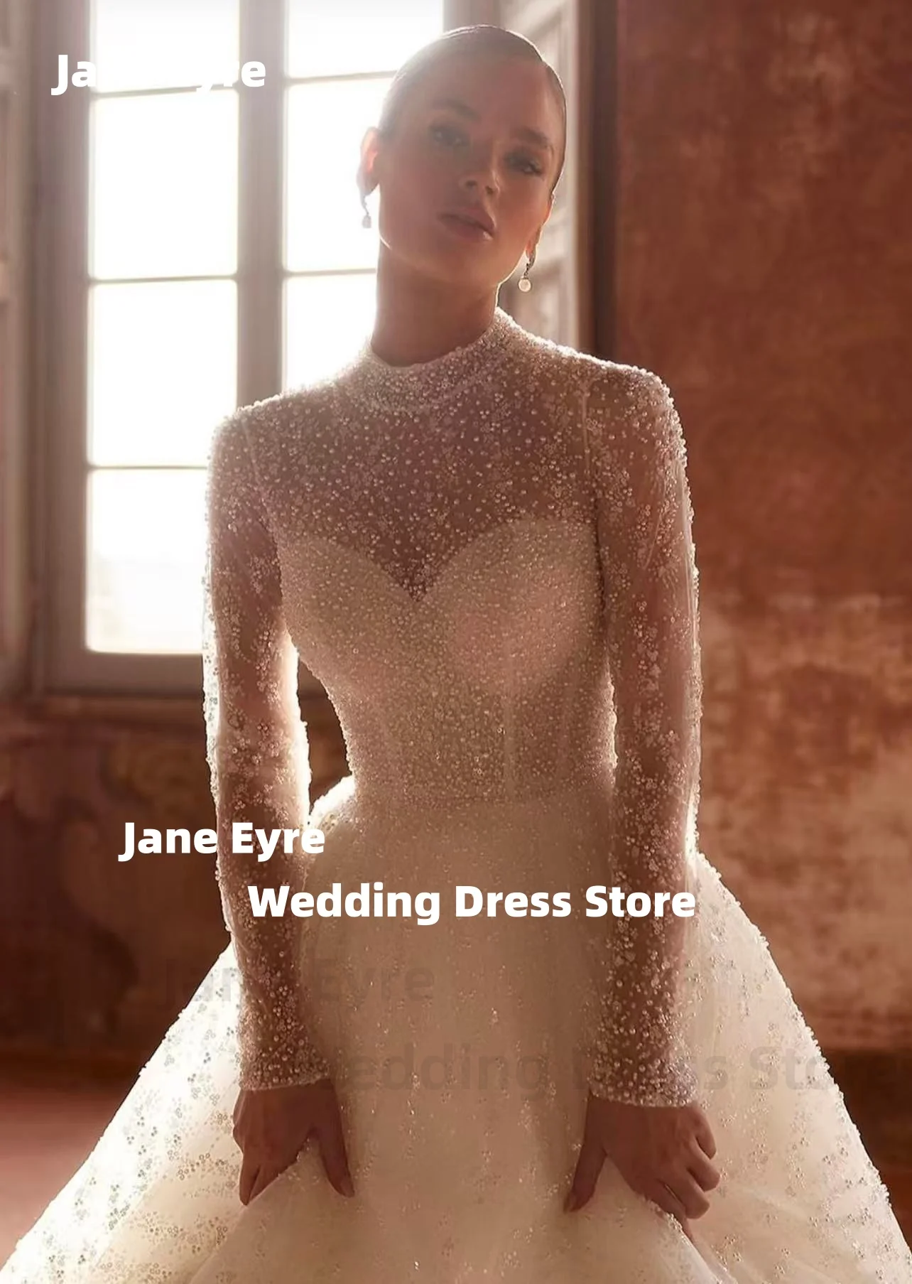 

Изысканное свадебное платье-бал с кружевом и бисером в стиле Джейн Эйр, элегантное, с высоким воротом, длинными рукавами, в стиле принцессы, на заказ