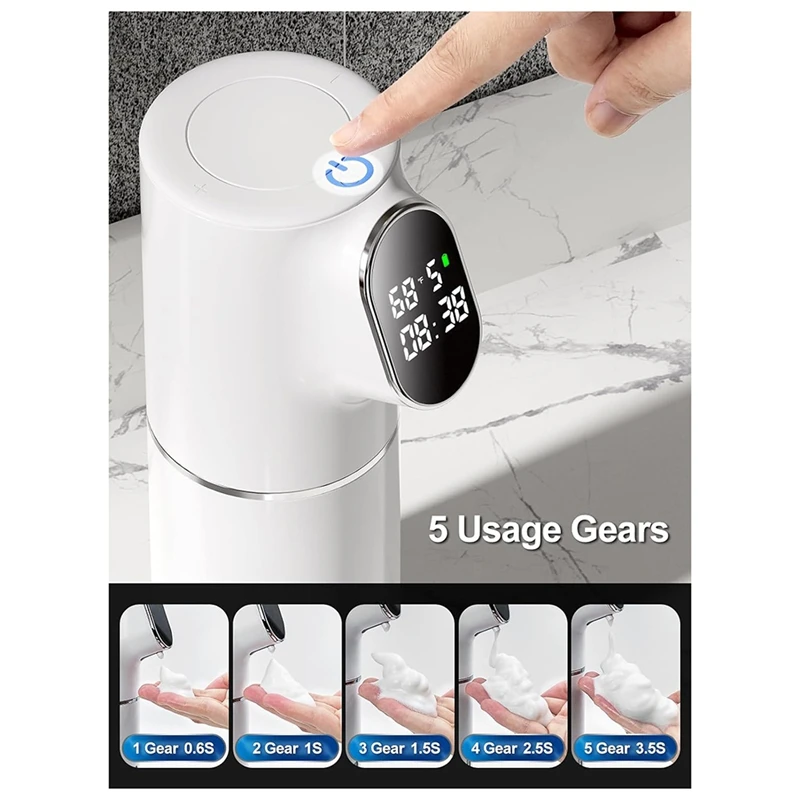 Automatic Soap Dispenser 5-Level Adjustment IPX6 Water-Resistant Foam Soap Dispenser LED Time And Temperature Display