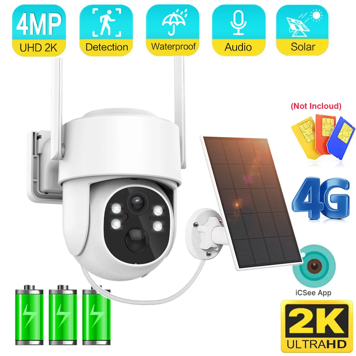 

1080P WIFI Solar Camera PIR Human Detection 4MP Solar Panel PTZ 4G Camera Wireless Surveillance IP Camera Rechargeable Battery