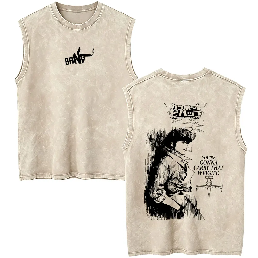 Vintage Washed Anime Cowboy Bebop Spike Spiegel See You Space Cowboy Tank Tops Men's Women's Manga Fashion Brand Sleeveless Vest