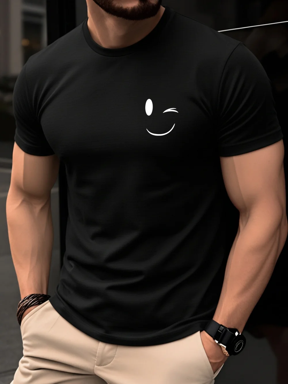 Summer T-Shirts for Men Smile Expression Pattern Solid Color Print Outdoor Sports Short Sleeved Top Casual Basic Men's Clothing